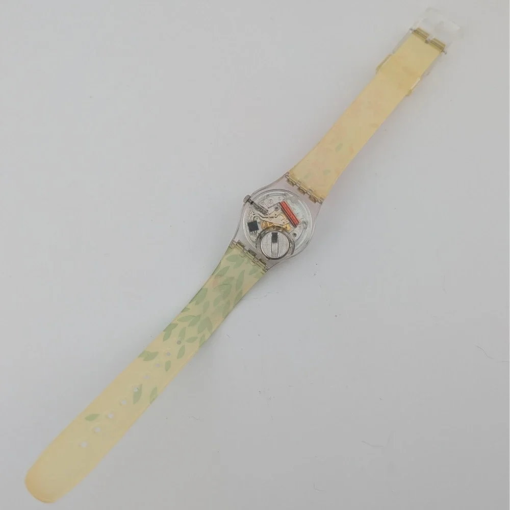 Swatch Lady Jackaranda LK355 Floral Clear Exhibition Back Swiss Quartz Watch Y2K